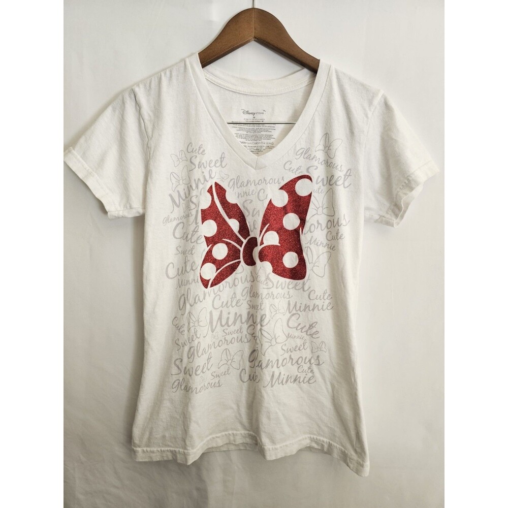 Disney Store Minnie Mouse Red Glitter Bow Graphic T-Shirt Women’s Size Medium